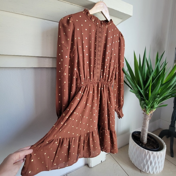 NWT SWEET WANDERER  Brown and Gold Polka Bohemian Dress - Picture 4 of 14